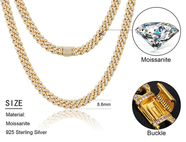18" 925S VVS MOISSANITE 8.5MM CUBAN LINK CHAIN-GOLD