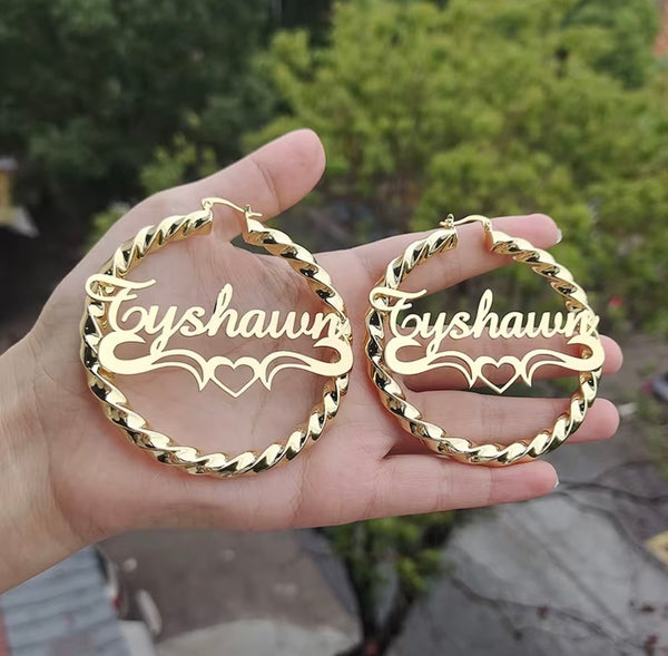 Personalized Heart Twist Name Earrings – Custom Bamboo Hoops in 18k Gold | 30mm to 90mm