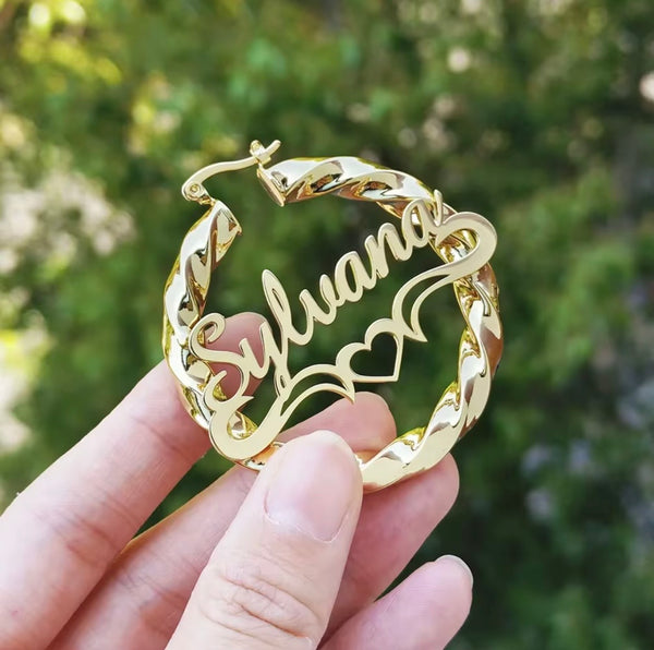 Personalized Heart Twist Name Earrings – Custom Bamboo Hoops in 18k Gold | 30mm to 90mm
