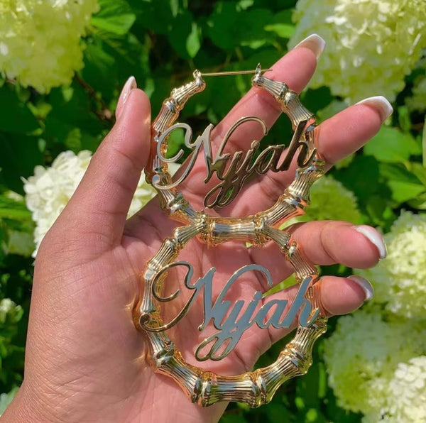 Personalized Name Earrings – Custom Bamboo Hoops in 18k Gold | 30mm to 90mm