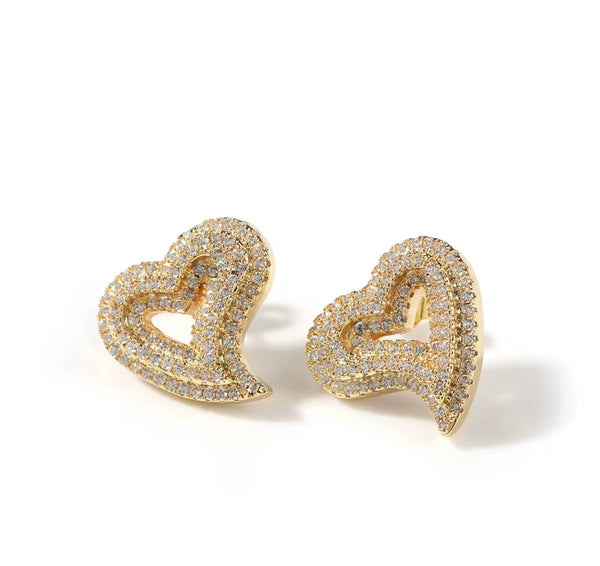 Iced Out CZ Heart Stud Earrings | Pave Design