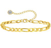 18K gold anklet stack set — 21 layered ankle bracelets including Cuban link, herringbone, tennis, rope, beaded, and leaf chain styles