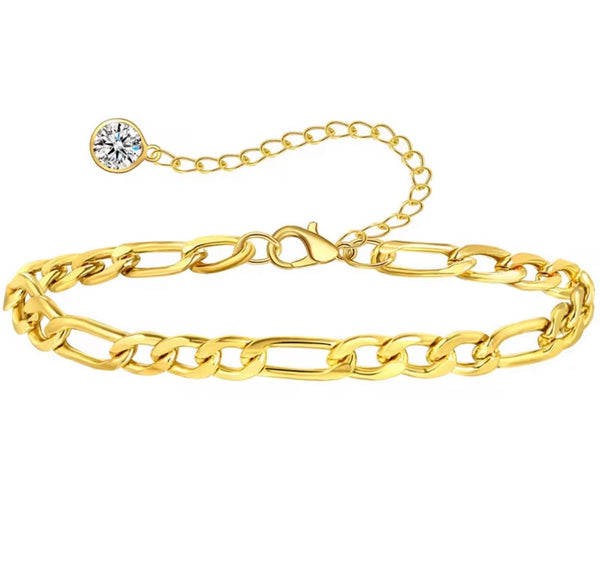 18K gold anklet stack set — 21 layered ankle bracelets including Cuban link, herringbone, tennis, rope, beaded, and leaf chain styles