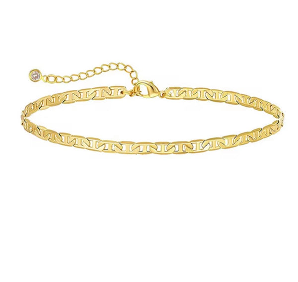 18K gold anklet stack set — 21 layered ankle bracelets including Cuban link, herringbone, tennis, rope, beaded, and leaf chain styles