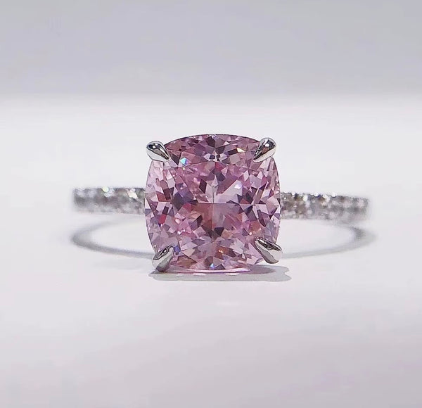2.5ct Pink Moissanite Cushion Cut Ring — Sterling Silver Bezel Setting | Engagement, Wedding & Promise Ring | Sizes 4–12