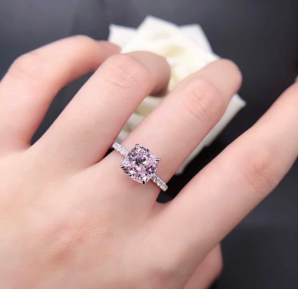 2.5ct Pink Moissanite Cushion Cut Ring — Sterling Silver Bezel Setting | Engagement, Wedding & Promise Ring | Sizes 4–12