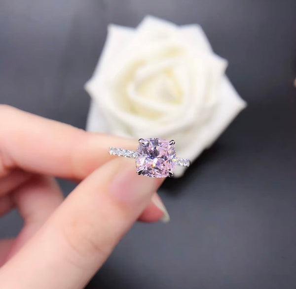 2.5ct Pink Moissanite Cushion Cut Ring — Sterling Silver Bezel Setting | Engagement, Wedding & Promise Ring | Sizes 4–12