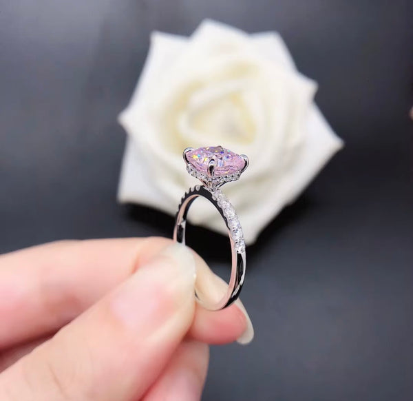 2.5ct Pink Moissanite Cushion Cut Ring — Sterling Silver Bezel Setting | Engagement, Wedding & Promise Ring | Sizes 4–12