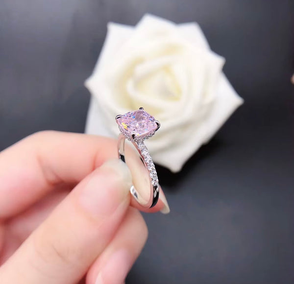 2.5ct Pink Moissanite Cushion Cut Ring — Sterling Silver Bezel Setting | Engagement, Wedding & Promise Ring | Sizes 4–12