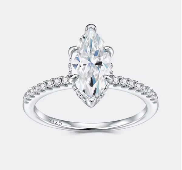 1ct marquise cut moissanite engagement ring in S925 sterling silver double-prong pavé setting on white background — Twelfth XII