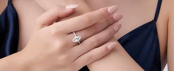1ct marquise cut moissanite engagement ring in S925 sterling silver double-prong pavé setting on white background — Twelfth XII