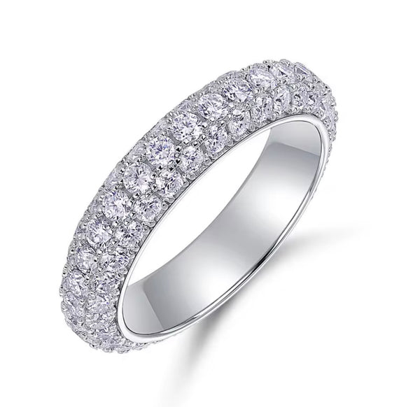Triple row pavé moissanite full eternity band with milgrain edges in S925 sterling silver on white background — Twelfth XII stackable wedding band