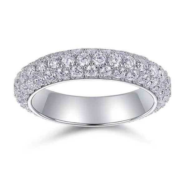 Triple row pavé moissanite full eternity band with milgrain edges in S925 sterling silver on white background — Twelfth XII stackable wedding band