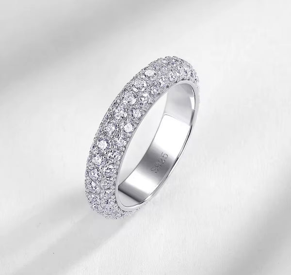Triple row pavé moissanite full eternity band with milgrain edges in S925 sterling silver on white background — Twelfth XII stackable wedding band