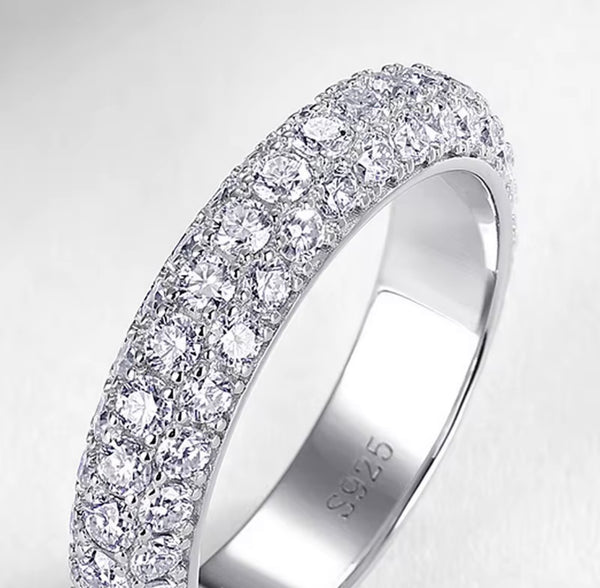 Triple row pavé moissanite full eternity band with milgrain edges in S925 sterling silver on white background — Twelfth XII stackable wedding band