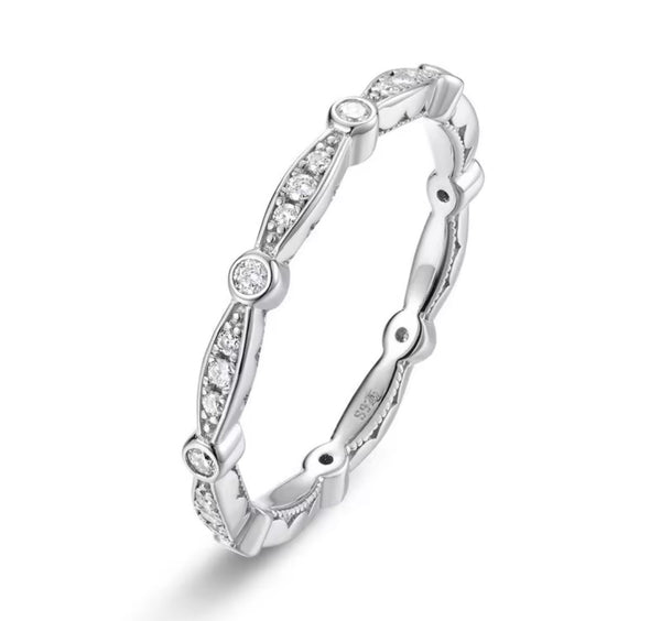 S925 sterling silver twisted pavé moissanite milgrain stackable band on white background — Twelfth XII wedding ring