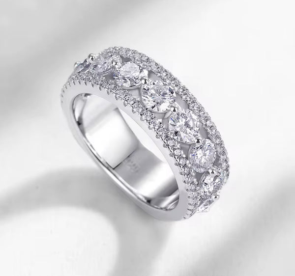 VVS Moissanite Wide Band Ring — 925 Sterling Silver Pavé Milgrain Edge | Engagement, Wedding & Promise Ring | Sizes 6–8