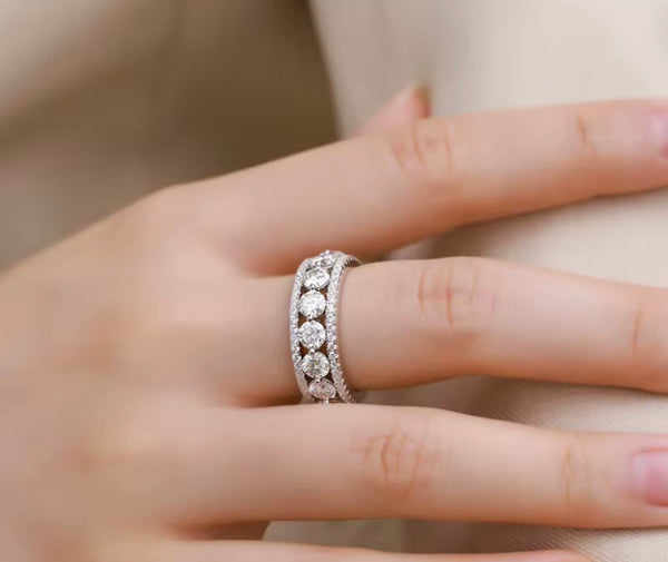 VVS Moissanite Wide Band Ring — 925 Sterling Silver Pavé Milgrain Edge | Engagement, Wedding & Promise Ring | Sizes 6–8