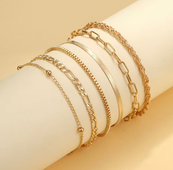 6 piece 14K gold stacked anklet set displayed on ankle — snake, figaro, paperclip, box, rope, and satellite chain styles