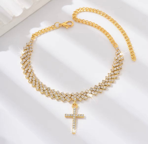 Cross Cuban Link Anklet — 18K Gold PVD Full Pavé Chain with Cross Charm