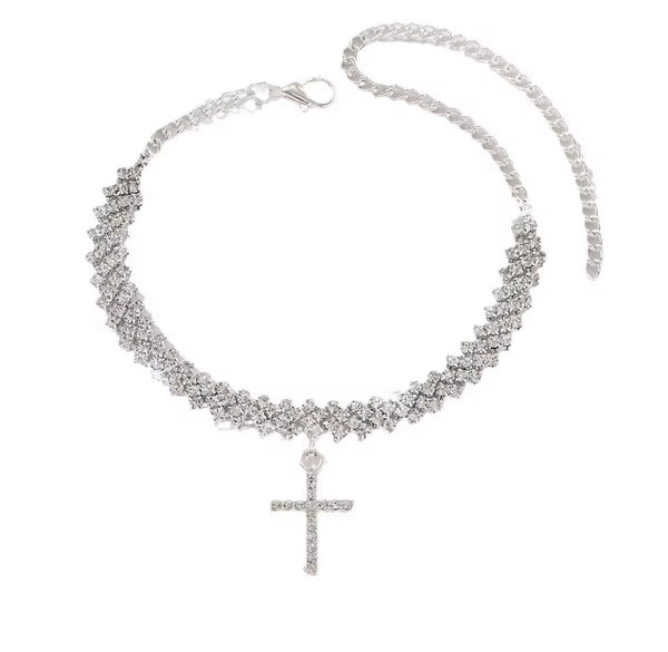 Cross Cuban Link Anklet — 18K Gold PVD Full Pavé Chain with Cross Charm