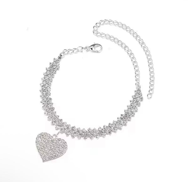 Heart Cuban Link Anklet — 18K Gold & Silver PVD Full Pavé Chain with Heart Charm