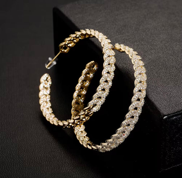 53mm iced Cuban link hoop earrings in 14K gold with micro pavé CZ stones — Twelfth XII