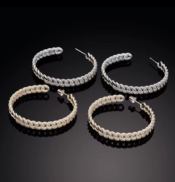 Gold and silver Cuban link iced hoop earrings side by side — statement CZ earrings by Twelfth XII