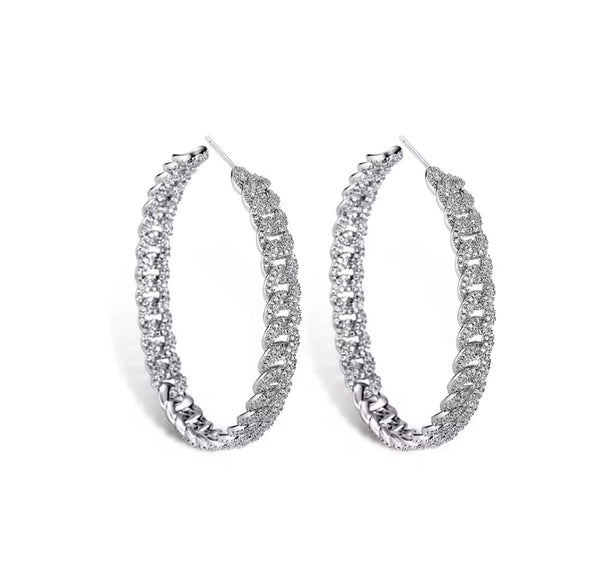Rhodium silver iced Cuban link hoop earrings pair with full CZ pavé coverage — Twelfth XII