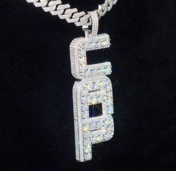 Custom vertical stacked letter pendant VVS moissanite raised stone flush pavé raised cluster 925 sterling silver — Twelfth XII Detroit