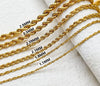 Six 18K solid gold diamond-cut rope chains displayed in widths from 1.1mm to 2.9mm