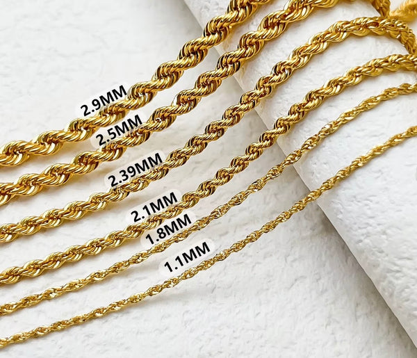 Six 18K solid gold diamond-cut rope chains displayed in widths from 1.1mm to 2.9mm