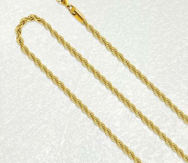 Close-up of 18K solid gold rope chain necklace showing diamond-cut braid detail