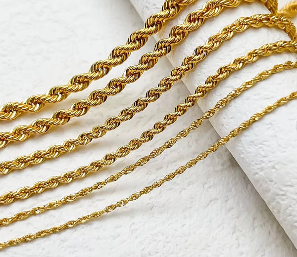 Six 18K solid gold diamond-cut rope chains displayed in widths from 1.1mm to 2.9mm