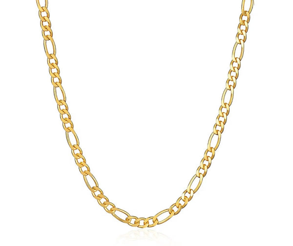 18K solid gold 2.5mm Figaro chain necklace showing alternating long and short link pattern