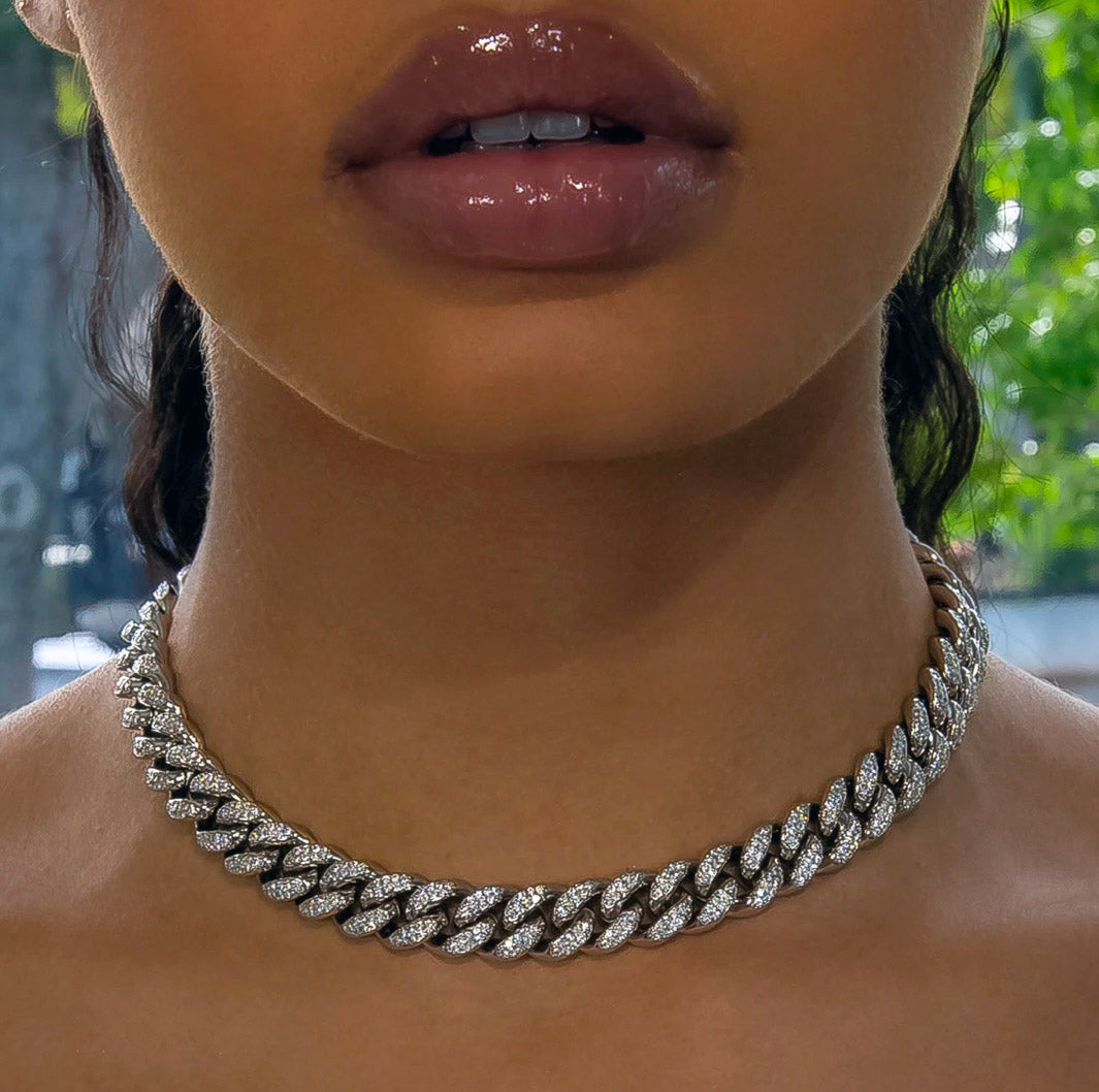 Diamond Cuban Link Choker - 12mm, Size 12-16, 14K White Chain - The GLD Shop